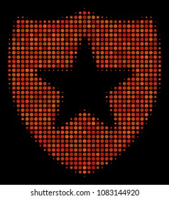 Guard halftone vector icon. Illustration style is pixelated iconic guard symbol on a black background. Halftone structure is constructed of round items.