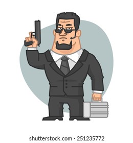 Guard holding gun and suitcase