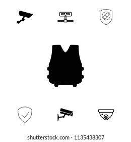 Guard icon. collection of 7 guard filled and outline icons such as security camera, bulletproof vest, camera, shield. editable guard icons for web and mobile.