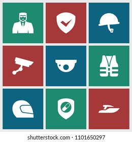 Guard icon. collection of 9 guard filled icons such as security guy, security camera, life vest, war helmet, shield, helmet. editable guard icons for web and mobile.