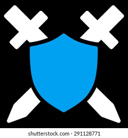 Guard icon from Commerce Set. Vector style: bicolor flat symbol, blue and white colors, rounded angles, black background.