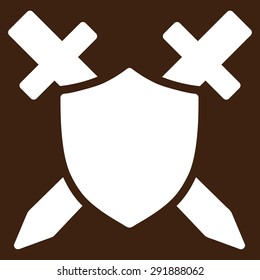 Guard icon from Commerce Set. Vector style: flat symbol, white color, rounded angles, brown background.
