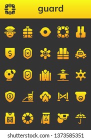 guard icon set. 26 filled guard icons.  Collection Of - Policeman, Lifesaver, Vest, Float, Lifejacket, Protection, Shield, Sheriff, Police car, Cam, Security, Police station, Scarecrow