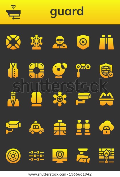 guard icon set.
26 filled guard icons.  Simple modern icons about  - Lifesaver,
Cctv, London eye, Bodyguard, Shield, Binoculars, Vest, Cam,
Firewall, Security, Armour,
Sheriff