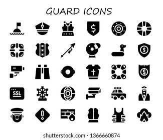 guard icon set. 30 filled guard icons.  Simple modern icons about  - Buoy, Police, Armour, Protection, Shield, Lifesaver, Lance, Cam, Rubber ring, Security, Security camera, Binoculars