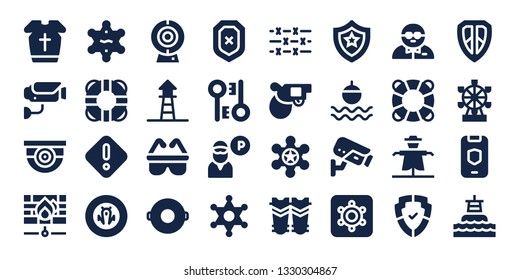 guard icon set. 32 filled guard icons. on blue background style Collection Of - Armour, Surveillance, Firewall, Sheriff, Lifesaver, Danger, Shield, Cam, Lifeguard, Safety, Float