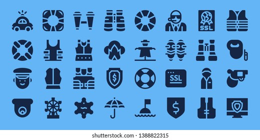 guard icon set. 32 filled guard icons. on blue background style Collection Of - Police car, Lifesaver, Police, Cctv, Bulletproof, Armour, London eye, Binoculars, Bulletproof vest