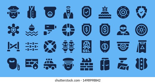 guard icon set. 32 filled guard icons. on blue background style Simple modern icons about  - Policeman, Sheriff, Police line, Leash dog, Vest, Float, Barbed wire, Firewall, Cctv