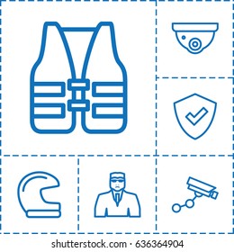 Guard icon. set of 6 guard outline icons such as security camera, security camera, security guy, life vest, shield