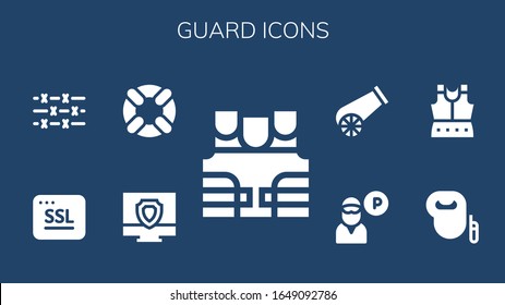 conjunto de iconos de protección. 9 iconos de protección rellenos. Incluye chalecos antibalas, Antivirus, Lifesaver, Ssl, Alambre de púas, Perro de correa, Armor, Guardia, Iconos de cañón