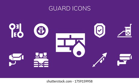 guard icon set. 9 filled guard icons. Included Firewall, Bulletproof vest, Shield, Surveillance, Encryption, Cctv, Vigilance, Lance, Security icons