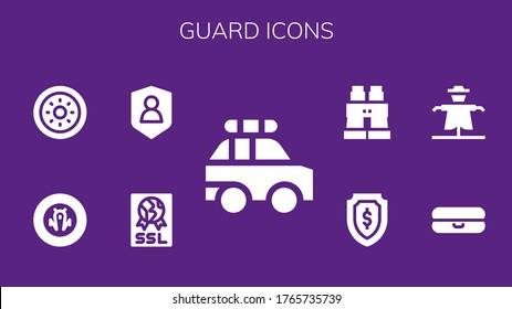 guard icon set. 9 filled guard icons. Included Police car, Ssl, Shield, Float, Scarecrow, Binoculars icons