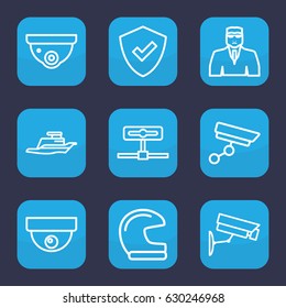 Guard icon. set of 9 outline guard icons such as security camera, security guy, ship, shield, camera
