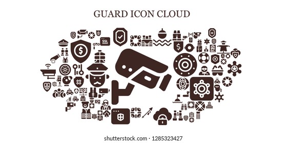  guard icon set. 93 filled guard icons. Simple modern icons about  - Cctv, Lifesaver, Surveillance, Security, Bulletproof vest, Float, Lance, Antivirus, Shield, Cannon, Binoculars