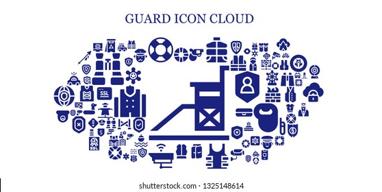 guard icon set. 93 filled guard icons.  Collection Of - Vigilance, Lifesaver, Danger, Lifebuoy, Pistol, Vest, Shin guards, Bulletproof, Armour, Cctv, Police car, Lifejacket, Antivirus