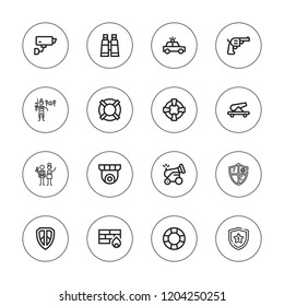 Guard icon set. collection of 16 outline guard icons with bodyguard, cannon, binoculars, cctv, lifebuoy, lifesaver, firewall, pistol, police car, shield, shields icons.