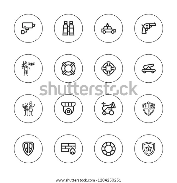 Guard icon set.\
collection of 16 outline guard icons with bodyguard, cannon,\
binoculars, cctv, lifebuoy, lifesaver, firewall, pistol, police\
car, shield, shields\
icons.