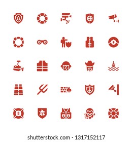 guard icon set. Collection of 25 filled guard icons included Lifesaver, Bodyguard, Vest, Antivirus, Security camera, Protect, Firewall, Trident, Binoculars, Buoy, Sheriff, Police