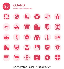 guard icon set. Collection of 30 filled guard icons included Lifebuoy, Shield, Nevyansk, Lifesaver, Binoculars, Police car, Cctv, Police station, Secure, Lifeguard, Sheriff