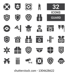 guard icon set. Collection of 32 filled guard icons included Police, Shield, Lifesaver, Cctv, Floating, Pistol, Secure, Firewall, Lifejacket, Sheriff, Vest, Tonfa, Binoculars