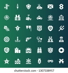 guard icon set. Collection of 36 filled guard icons included Pistol, Binoculars, Secure, London eye, Firewall, Sheriff, Float, Shield, Police station, Policeman, Medical insurance