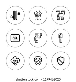 Guard icon set. collection of 9 outline guard icons with bodyguard, binoculars, security, shield, ssl, vest icons. editable icons.