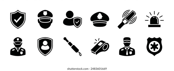 Guard icon set. Containing shield protection with checkmark, hat police, security baton or stick, detector, alarm, whistle, badge, safety. Vector illustration