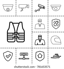 Guard icons. set of 13 editable outline guard icons such as security camera, security guy, shield, health insurance, camera, ship, life vest