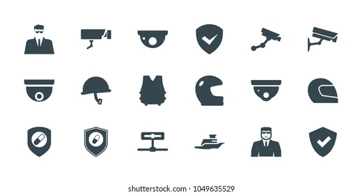 Guard icons. set of 18 editable filled guard icons: security camera, security camera, security guy, shield, helmet, health insurance, camera, ship, war helmet