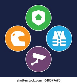 Guard icons set. set of 4 guard filled icons such as home security, security camera, life vest