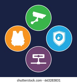 Guard icons set. set of 4 guard filled icons such as health insurance, security camera, bulletproof vest