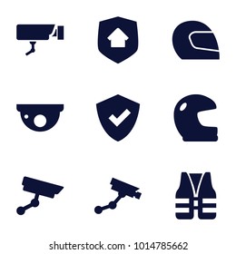 Guard icons. set of 9 editable filled guard icons such as security camera, shield, helmet, home security, security camera