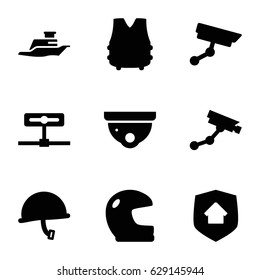 Guard icons set. set of 9 guard filled icons such as security camera, Security camera, ship, home security, war helmet, bulletproof vest, helmet