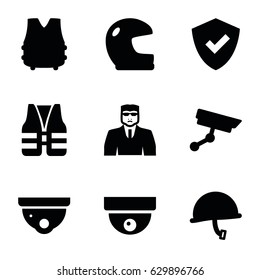 Guard icons set. set of 9 guard filled icons such as security camera, security guy, life vest, war helmet, bulletproof vest, helmet