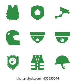 Guard icons set. set of 9 guard filled icons such as security camera, security camera, health insurance, home security, life vest, war helmet, bulletproof vest