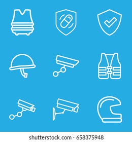 Guard icons set. set of 9 guard outline icons such as security camera, health insurance, security camera, life vest, war helmet, bulletproof vest, shield