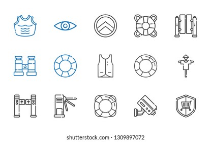 guard icons set. Collection of guard with security, cctv, lifesaver, turnstiles, turntiles, scarecrow, vest, float, binocular, shield, armor. Editable and scalable guard icons.