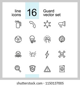 Guard icons. Set of line icons. Bomb, radiation sign, fire. Caution signs concept. Vector illustration can be used for topics like danger, hazard, security