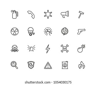 Guard icons. Set of twenty line icons. Bomb, radiation sign, fire. Caution signs concept. Vector illustration can be used for topics like danger, hazard, security