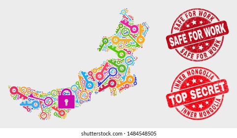 Guard Inner Mongolia map and stamps. Red round Top Secret and Safe for Work scratched stamps. Colored Inner Mongolia map mosaic of different key items. Vector composition for keeping purposes.