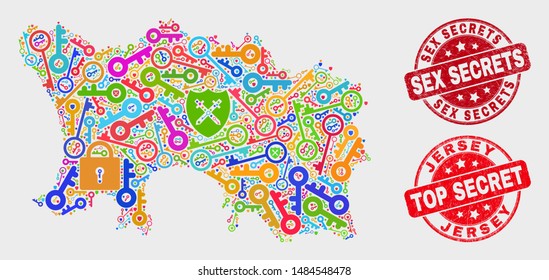 Guard Jersey Island map and seals. Red rounded Top Secret and Sex Secrets textured seals. Bright Jersey Island map mosaic of different security symbols. Vector combination for security purposes.