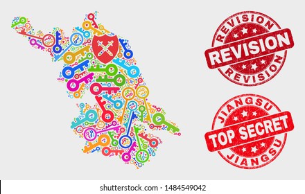 Guard Jiangsu Province map and stamps. Red rounded Top Secret and Revision distress stamps. Bright Jiangsu Province map mosaic of different access elements. Vector composition for safety purposes.