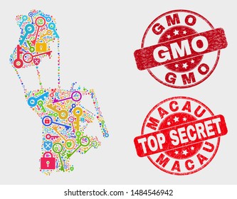 Guard Macau map and seal stamps. Red round Top Secret and GMO grunge seal stamps. Bright Macau map mosaic of different key symbols. Vector collage for safety purposes.