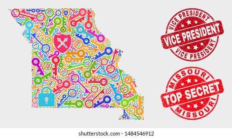 Guard Missouri State Map And Seal Stamps. Red Round Top Secret And Vice President Textured Watermarks. Colored Missouri State Map Mosaic Of Different Guard Elements.