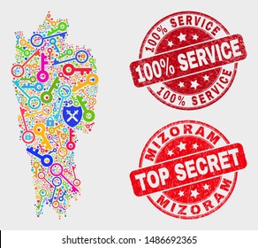 Guard Mizoram State map and seals. Red rounded Top Secret and 100% Service textured seals. Bright Mizoram State map mosaic of different protection items. Vector composition for guard purposes.