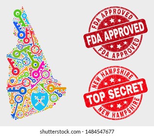 Guard New Hampshire State map and seal stamps. Red rounded Top Secret and FDA Approved distress stamps. Colorful New Hampshire State map mosaic of different safety icons.