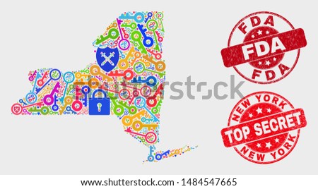 Guard New York State map and seal stamps. Red round Top Secret and FDA textured seal stamps. Bright New York State map mosaic of different access items. Vector composition for security purposes.