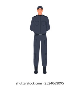 Guard or policeman, isolated security guy wearing uniform. Vector flat cartoon character responsible for safety and patrolling. Law enforcement and police work, occupation of man cop in hat