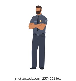 Guard or policeman wearing uniform. Vector flat cartoon character, isolated officer or security worker with badge and star. Sheriff working in law enforcement, protection of citizens of city