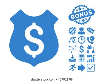 Guard Price icon with bonus elements. Vector illustration style is flat iconic symbols, cobalt color, white background.